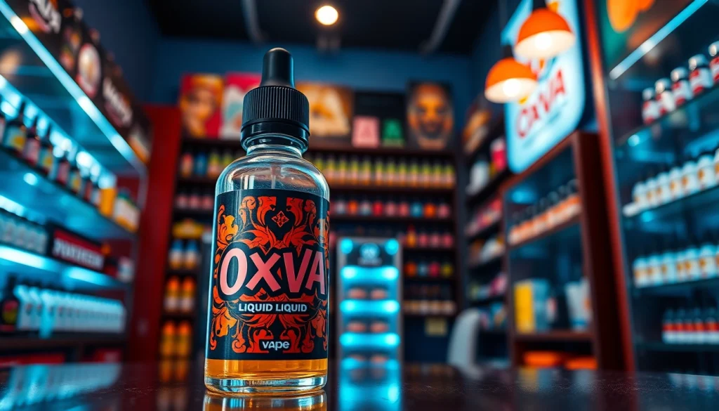Oxva Liquid Flasche in einem lebhaften Vape-Shop, betont die einzigartigen Eigenschaften des Produkts.