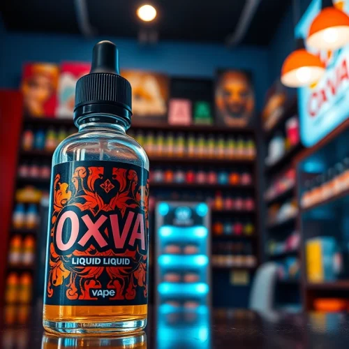 Oxva Liquid Flasche in einem lebhaften Vape-Shop, betont die einzigartigen Eigenschaften des Produkts.