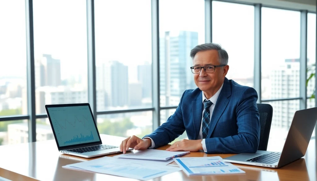 Confident financial advisor San Antonio engaging with clients in a modern office environment.