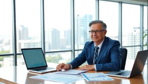 Confident financial advisor San Antonio engaging with clients in a modern office environment.