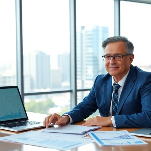 Confident financial advisor San Antonio engaging with clients in a modern office environment.