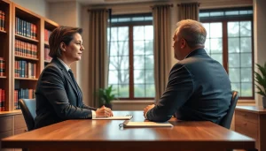 Consultation at https://www.stpetefamilyattorney.com illustrating a family attorney and client in a warm office.