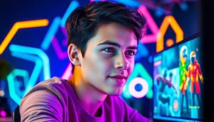 Engaged gamer showcasing the essence of vj88 with vibrant colors and tech ambiance.