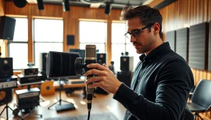 Audio technician adjusts the MV 88 microphone in a professional studio setup.
