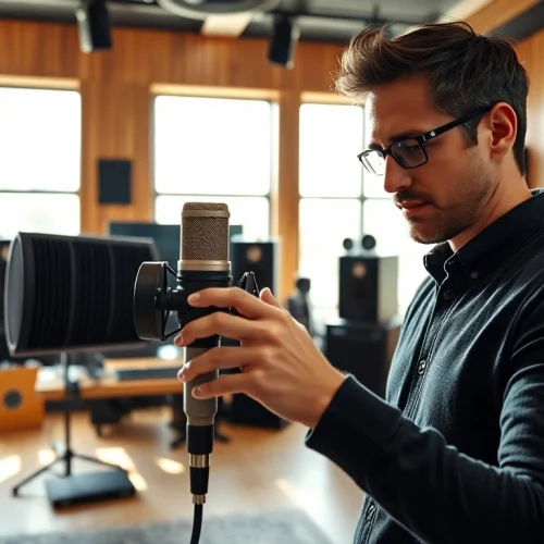 Audio technician adjusts the MV 88 microphone in a professional studio setup.