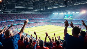 스포츠중계 생중계를 즐기는 열광적인 관중을 보여주는 장면