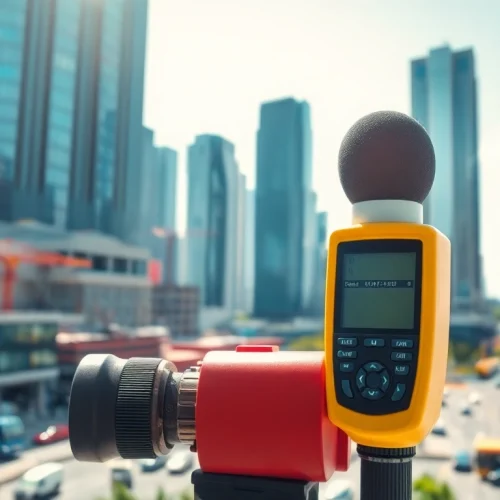 Conducting a noise impact assessment using advanced equipment amidst an urban landscape.