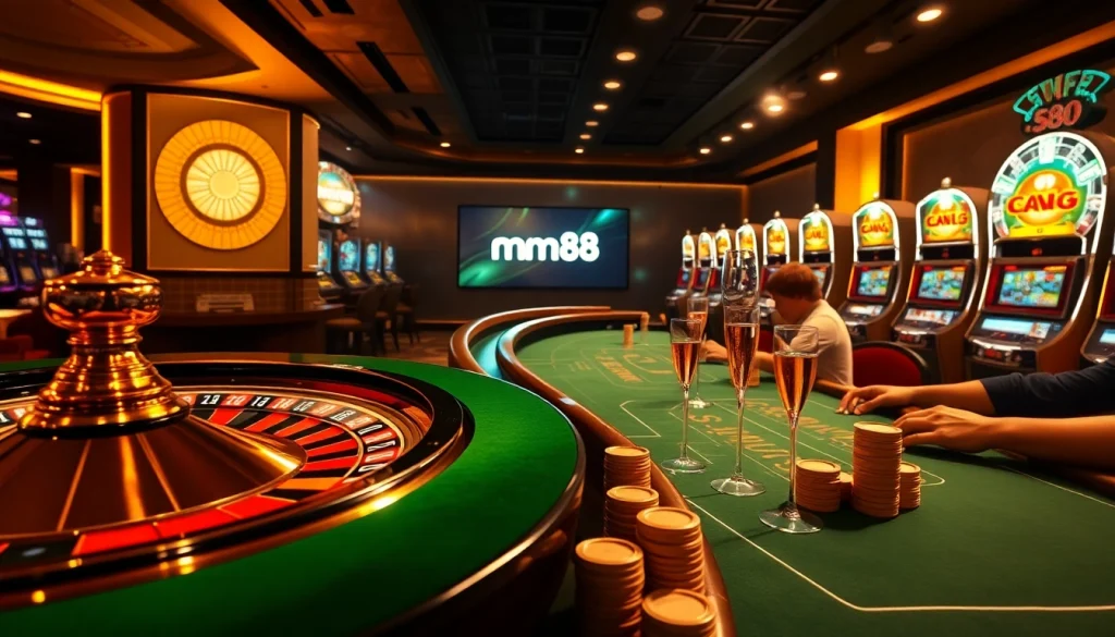 Experience the thrill of mm88 with an exciting casino scene featuring roulette and poker games.