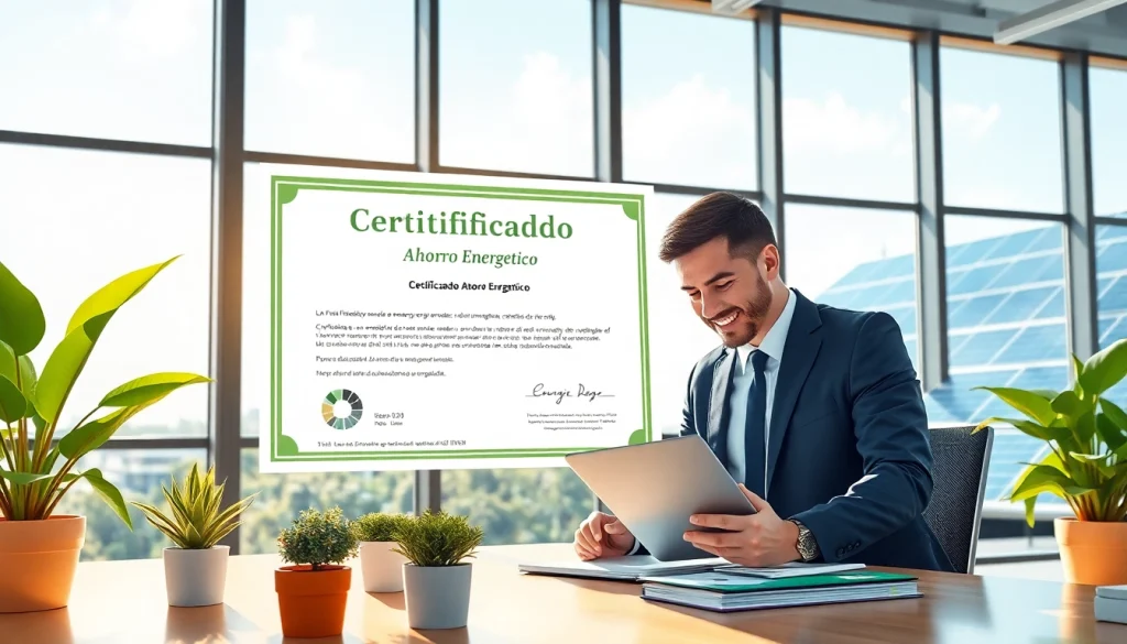 Certificado Ahorro Energético destacado en un entorno de oficina moderna con métricas de ahorro energético.