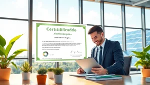 Certificado Ahorro Energético destacado en un entorno de oficina moderna con métricas de ahorro energético.