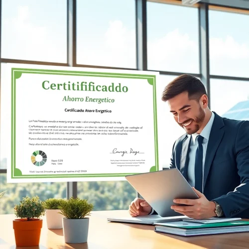 Certificado Ahorro Energético destacado en un entorno de oficina moderna con métricas de ahorro energético.