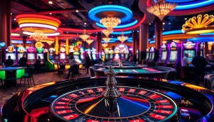 Menggambarkan kasinojitu dengan meja permainan yang bersemangat dan pemain yang terlibat.