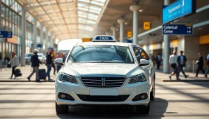 Taxi from Nottingham to Birmingham Airport ready for passengers at the terminal entrance.