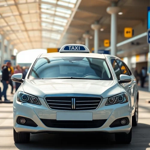 Taxi from Nottingham to Birmingham Airport ready for passengers at the terminal entrance.