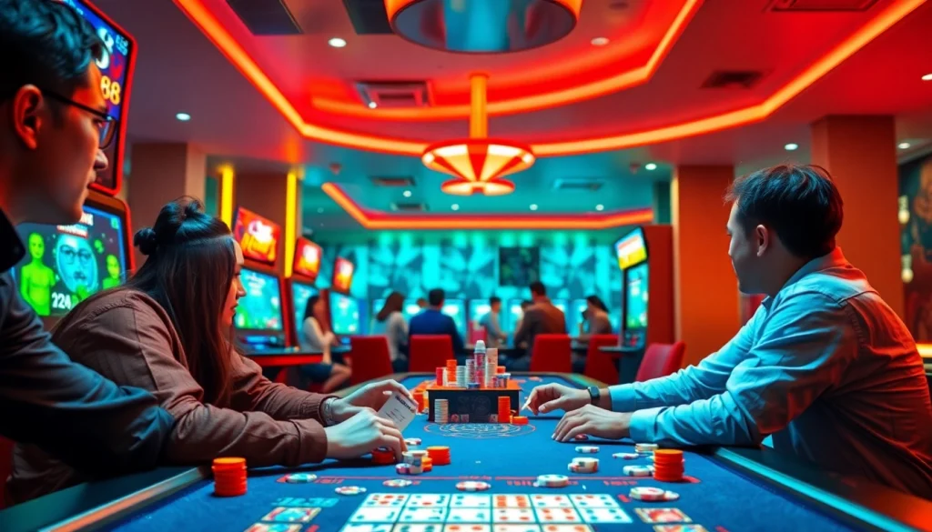 Aksi menarik saat bermain Daftar Domino88 game dengan pemain dan chip warna-warni.