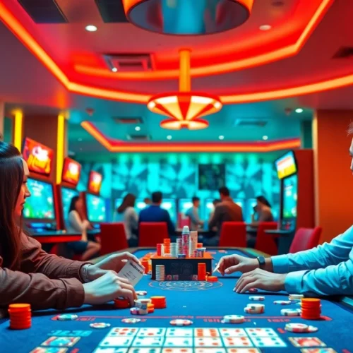 Aksi menarik saat bermain Daftar Domino88 game dengan pemain dan chip warna-warni.