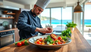 Private chef Sint Maarten showcasing an exquisite gourmet dish in a luxurious villa kitchen.