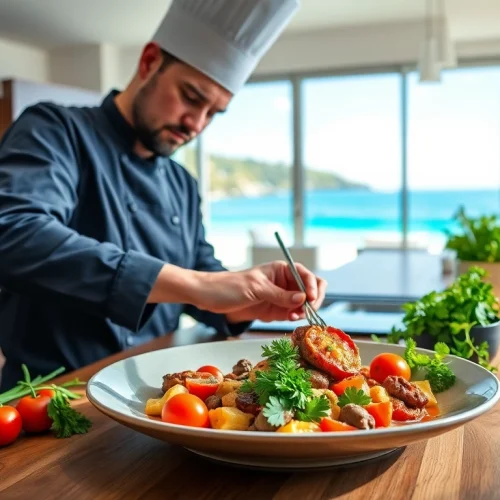 Private chef Sint Maarten showcasing an exquisite gourmet dish in a luxurious villa kitchen.