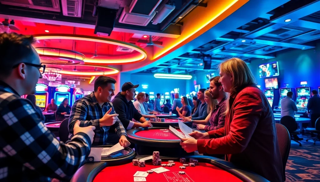 Engaging sports betting atmosphere at https://mm88bc.com/ with enthusiastic bettors interacting in a lively casino.