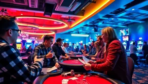 Engaging sports betting atmosphere at https://mm88bc.com/ with enthusiastic bettors interacting in a lively casino.
