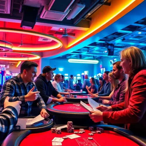 Engaging sports betting atmosphere at https://mm88bc.com/ with enthusiastic bettors interacting in a lively casino.