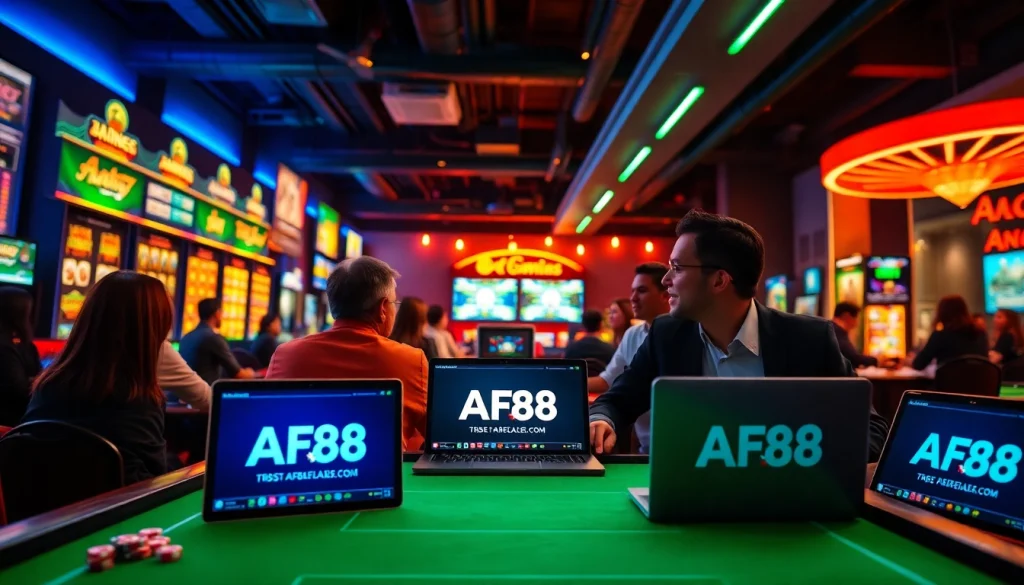 Players engaged in thrilling games at af88.com, showcasing a vibrant online gambling experience with modern devices.