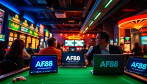 Players engaged in thrilling games at af88.com, showcasing a vibrant online gambling experience with modern devices.