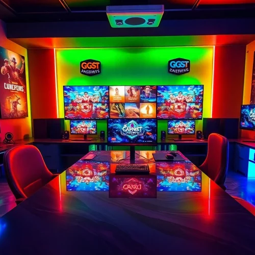 Akses daftar ggsoft game di setup gaming modern dan cerah dengan lampu LED yang memukau.