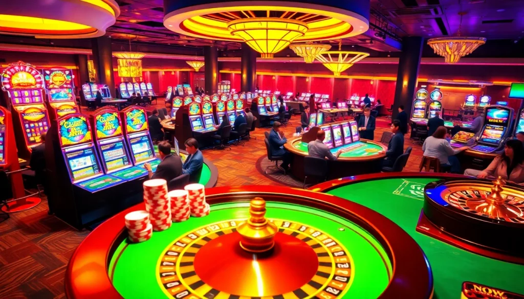 Experience the vibrant gambling world of KJC AC 1 with players enjoying casino tables and slot machines.