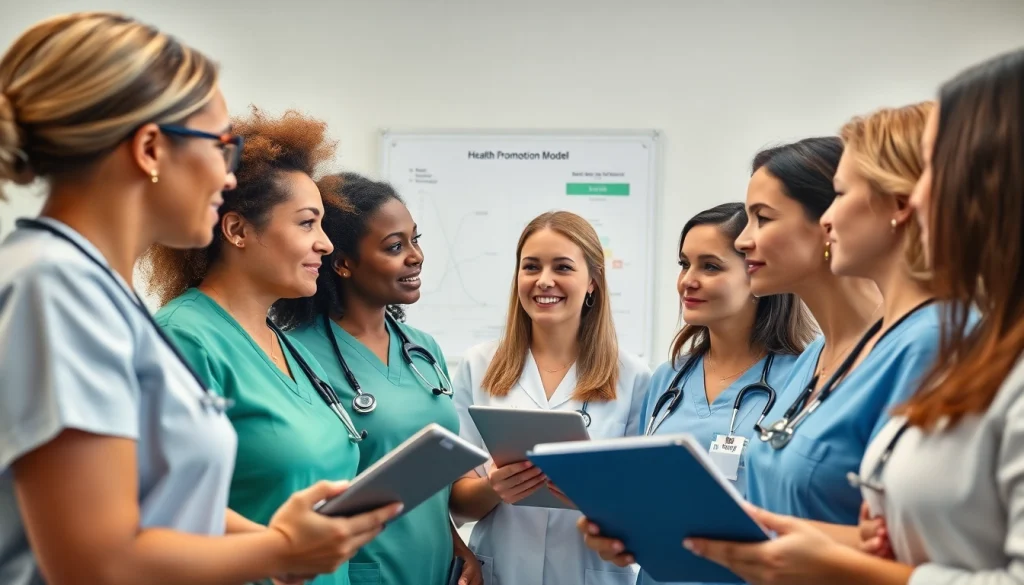 Explore Nola Pender’s Health Promotion Model through diverse healthcare professionals engaging in discussion.