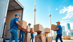 Efficient team from a Toronto moving company loading a truck against the city skyline.
