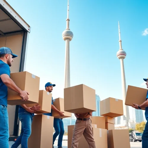 Efficient team from a Toronto moving company loading a truck against the city skyline.
