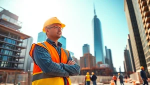 New York City Construction Manager supervising an active construction site with skyscrapers.