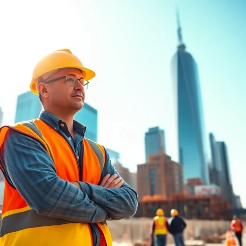 New York City Construction Manager supervising an active construction site with skyscrapers.