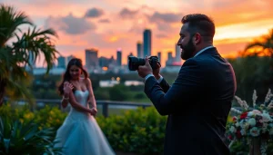 Professional photographer Tampa capturing a couple's wedding at sunset in a romantic outdoor setting.