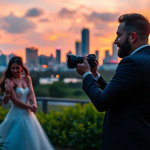 Professional photographer Tampa capturing a couple's wedding at sunset in a romantic outdoor setting.