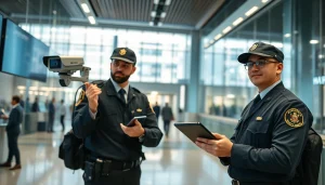 Security Company professionals monitoring advanced technology systems in a corporate environment.