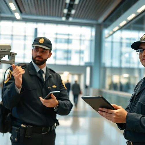 Security Company professionals monitoring advanced technology systems in a corporate environment.