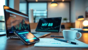 MV 88 cryptocurrency platform on a smartphone in a professional workspace setting.