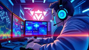 Experience the excitement of valorant download with a focused gamer in a dynamic gaming environment.