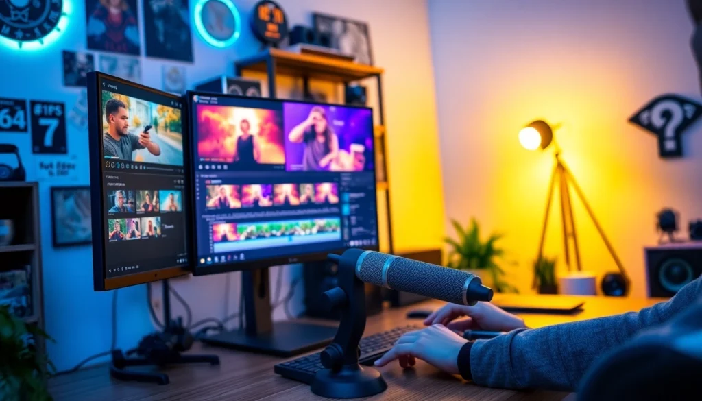 Editing Twitch clips with https://streamgen.cc in a colorful and energetic home office.