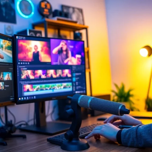 Editing Twitch clips with https://streamgen.cc in a colorful and energetic home office.