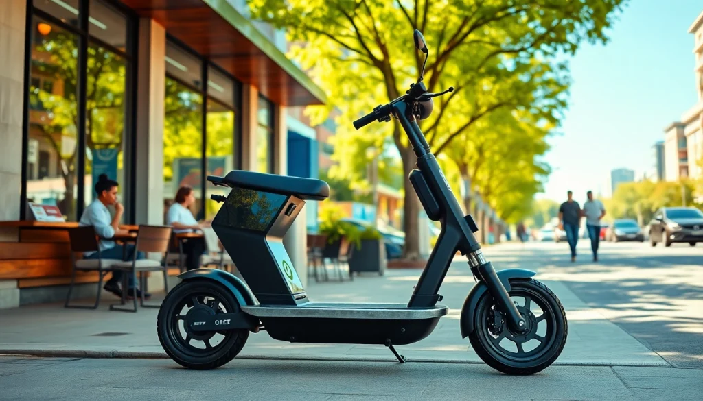 Erleben Sie bequemes e roller leasing mit stilvollem Roller vor einem Café.