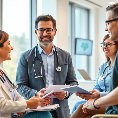 Engaging healthcare consultant at https://www.medexdtc.com connecting with clients in a modern clinic.