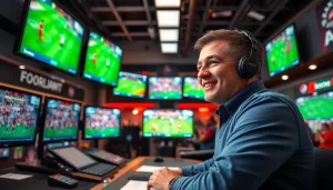 스포츠중계 중계 스튜디오에서 활기찬 스포츠 해설가와 경기 화면을 강조합니다.