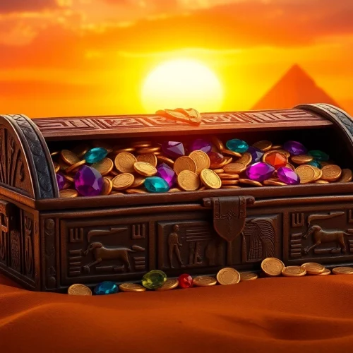 Unearth treasures from King Solomon's Mine in a detailed illustration of a golden chest in the desert.