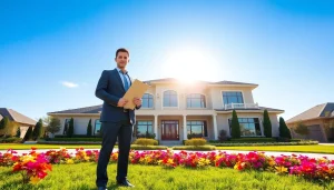 Engaging real estate agent presenting impressive luxury real estate property surrounded by an attractive garden.