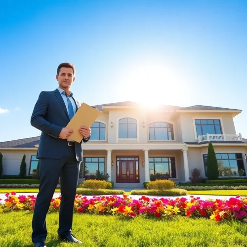 Engaging real estate agent presenting impressive luxury real estate property surrounded by an attractive garden.