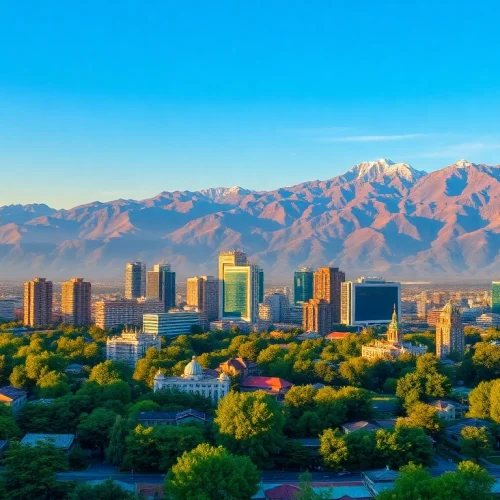 Showcasing a panoramic view of Almaty, Kazakhstan, with stunning mountains and city skyline at sunset, as seen on https://albmaftoh.com.