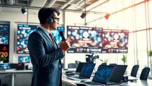 Cover tech news updates with a dynamic journalist in a modern newsroom environment.